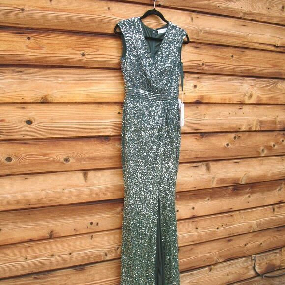 Mac Duggal 5489  Womens Green Cap SLEEVE SEQUINED HIGH SLIT GOWN - Picture 6 of 15